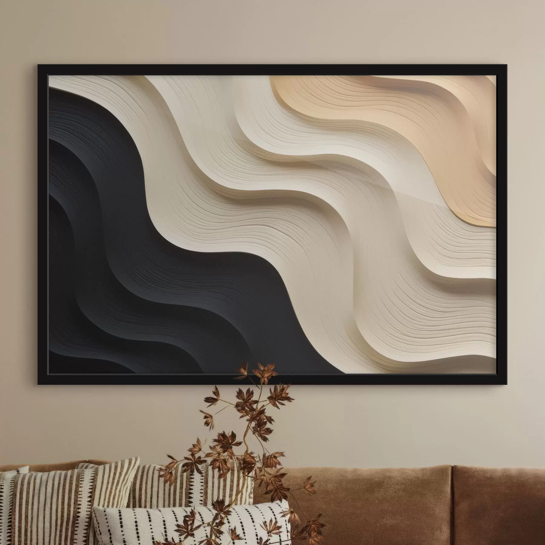 Papier peint Motifs abstraits aux lignes fluides dans des tons sombres et beiges f49179
