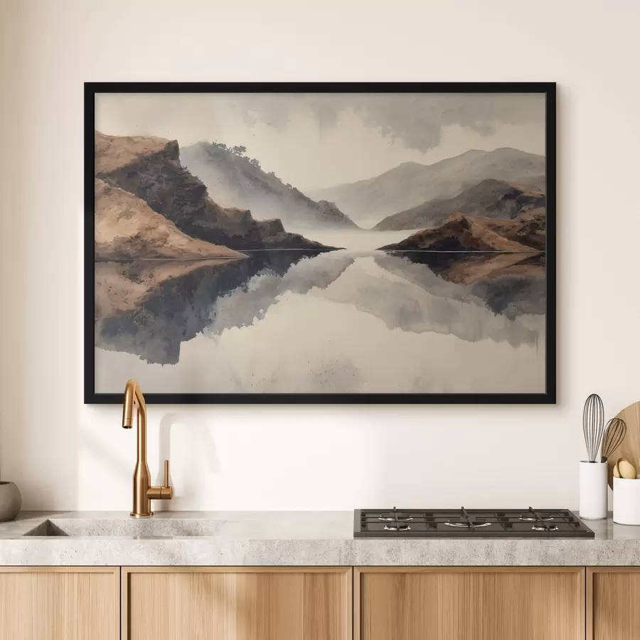 Papier peint Des montagnes brumeuses et un lac aux reflets miroitants f49186