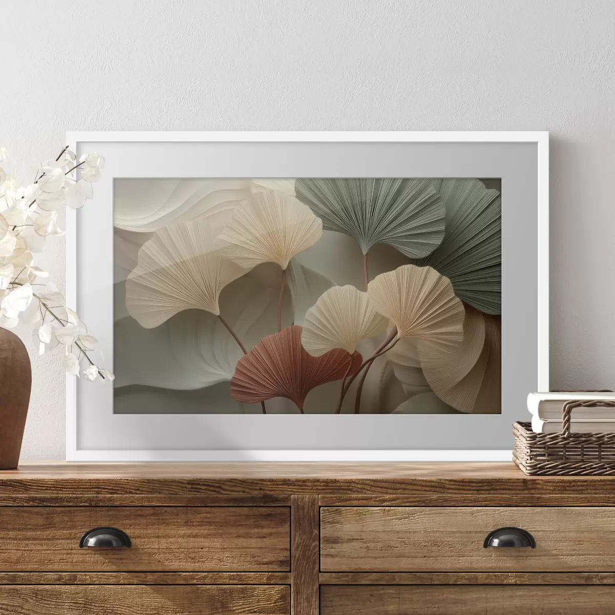 Poster Feuilles de ginkgo stylisées dans des tons pastel chauds f49199