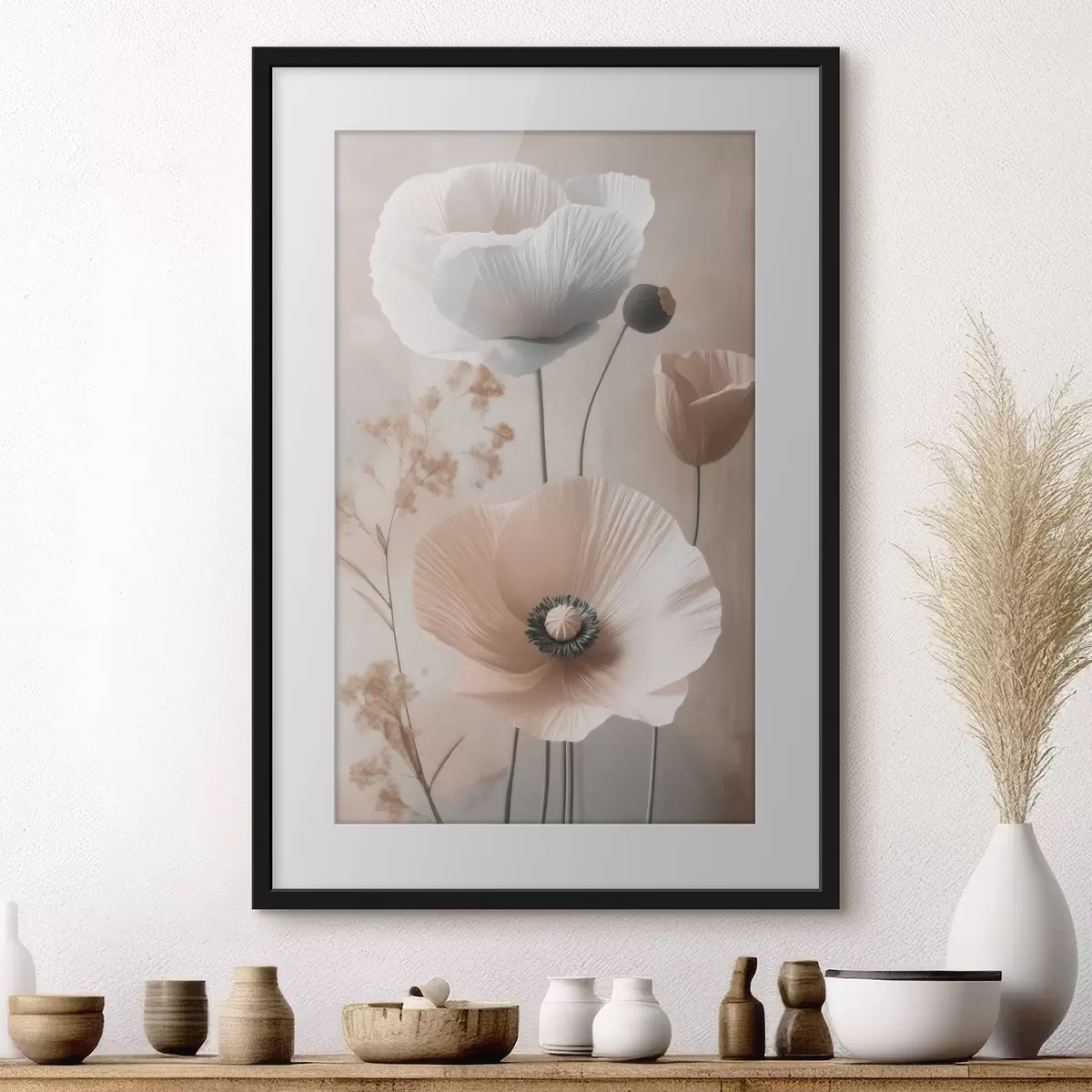 Poster De délicats coquelicots accompagnés de branches séchées f49201