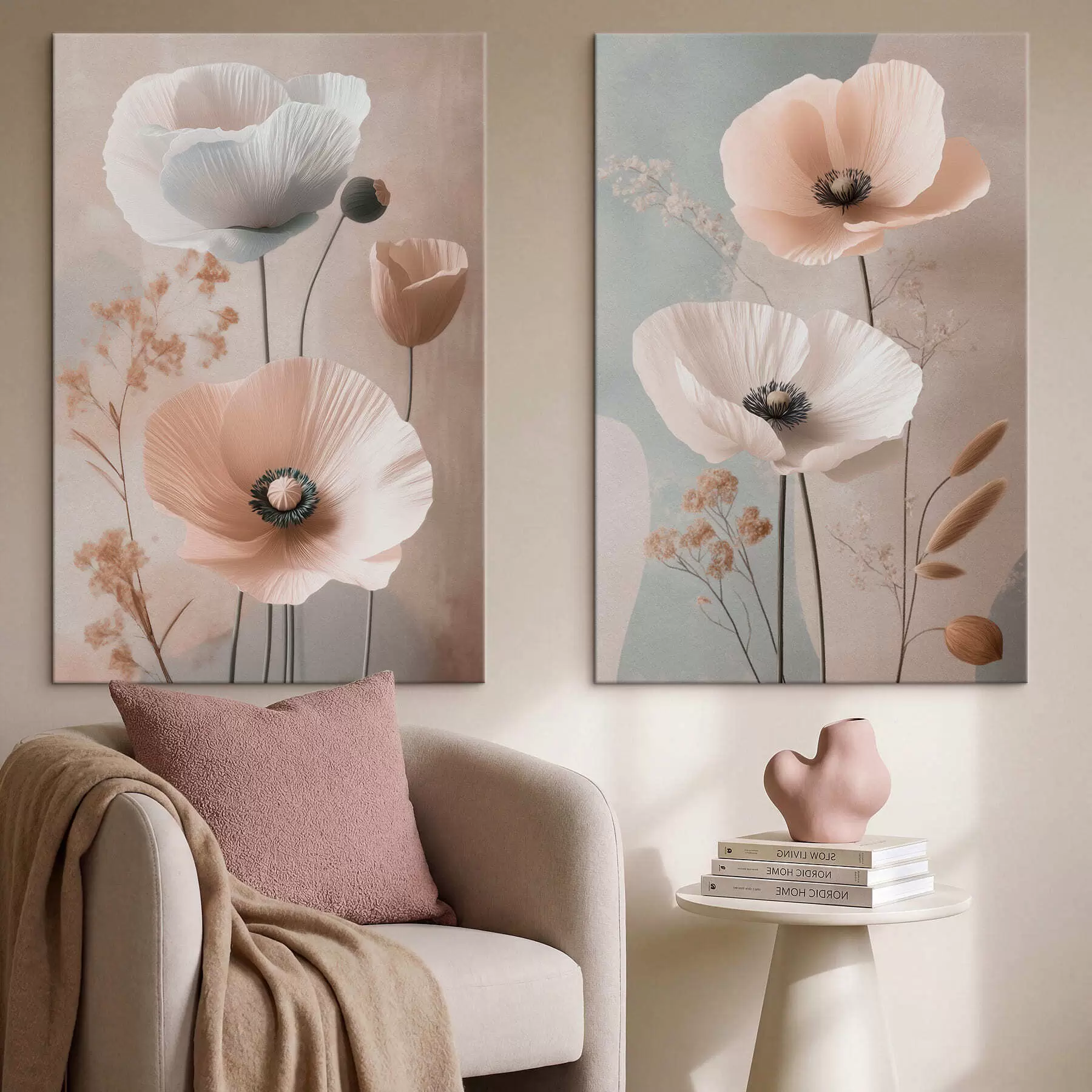 Tableau Diptyque représentant des fleurs délicates aux tons pastel m30486