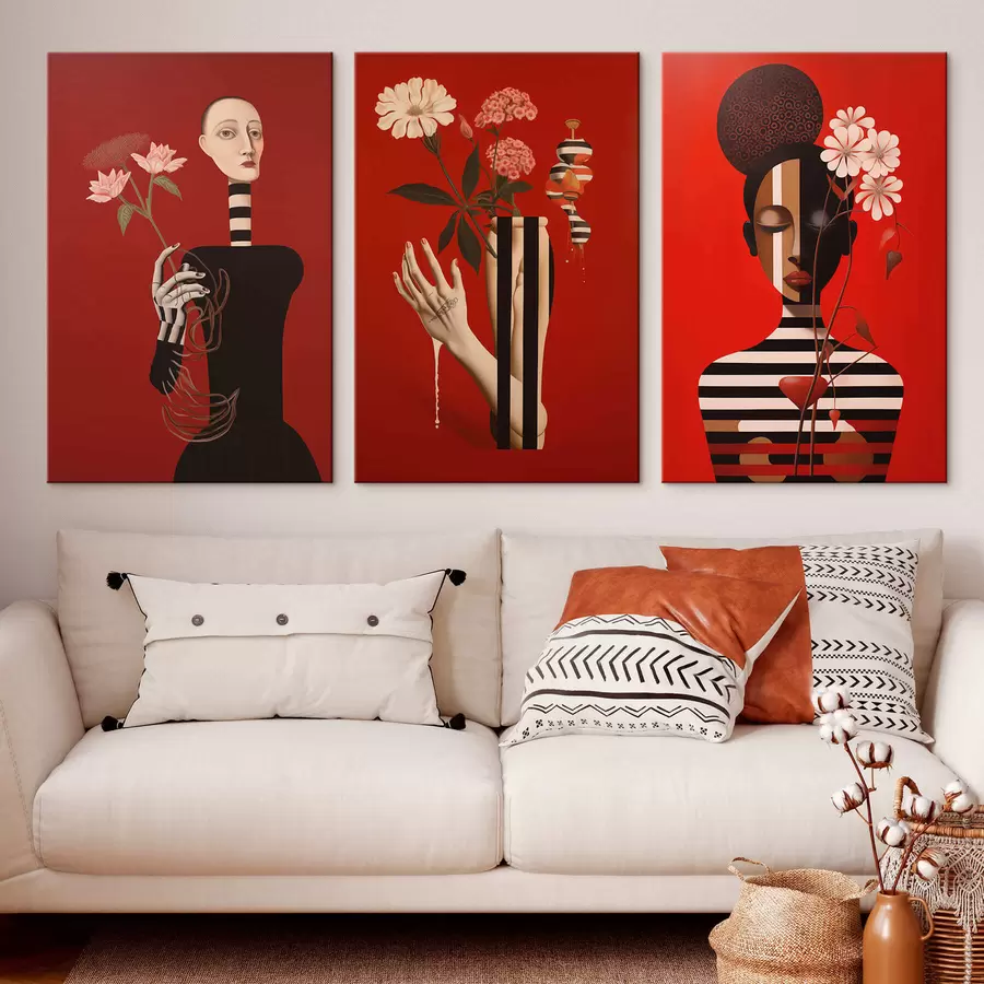 Tableau Portraits féminins stylisés sur fond rouge m30488