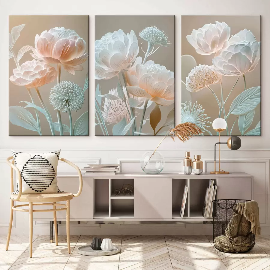 Tableau Triptyque aux fleurs délicates et pâles m30489