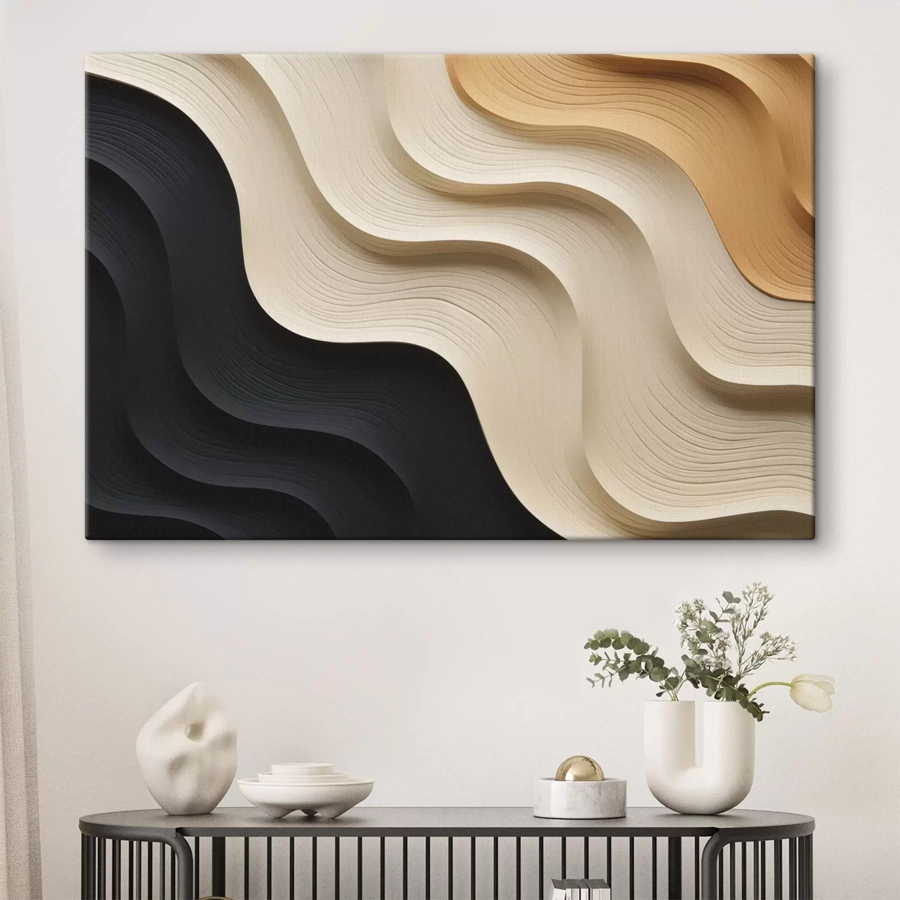 Tableau Motifs abstraits aux lignes fluides dans des tons sombres et beiges s49179