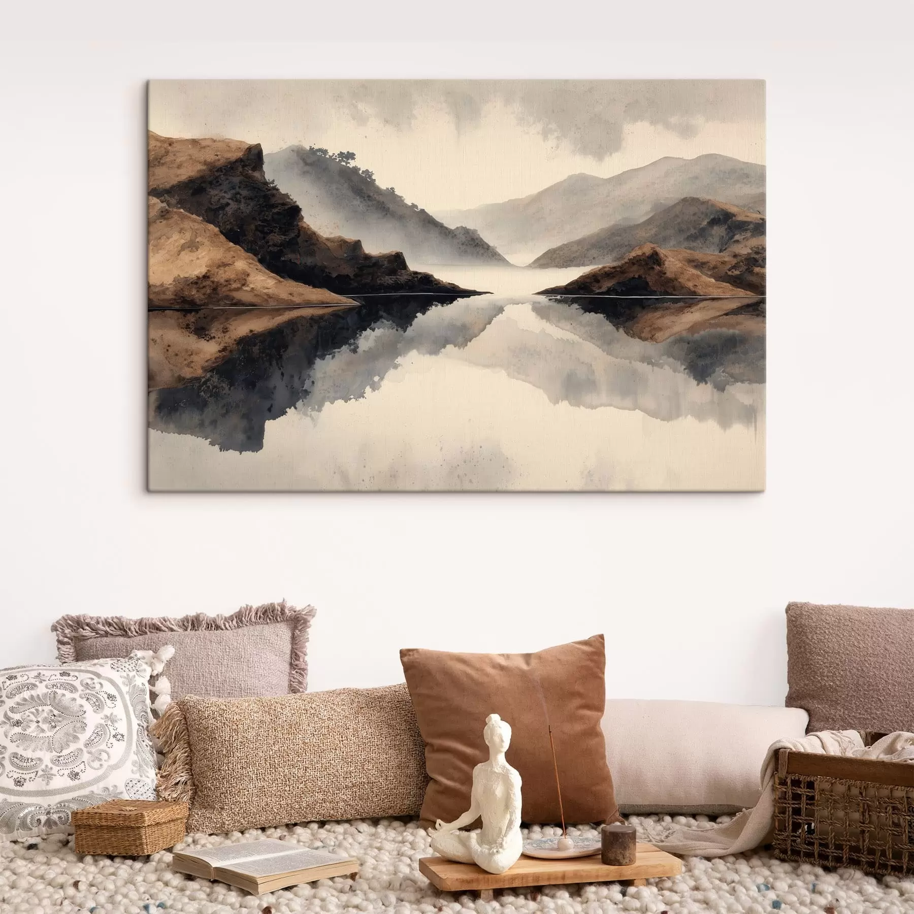 Tableau Des montagnes brumeuses et un lac aux reflets miroitants s49186