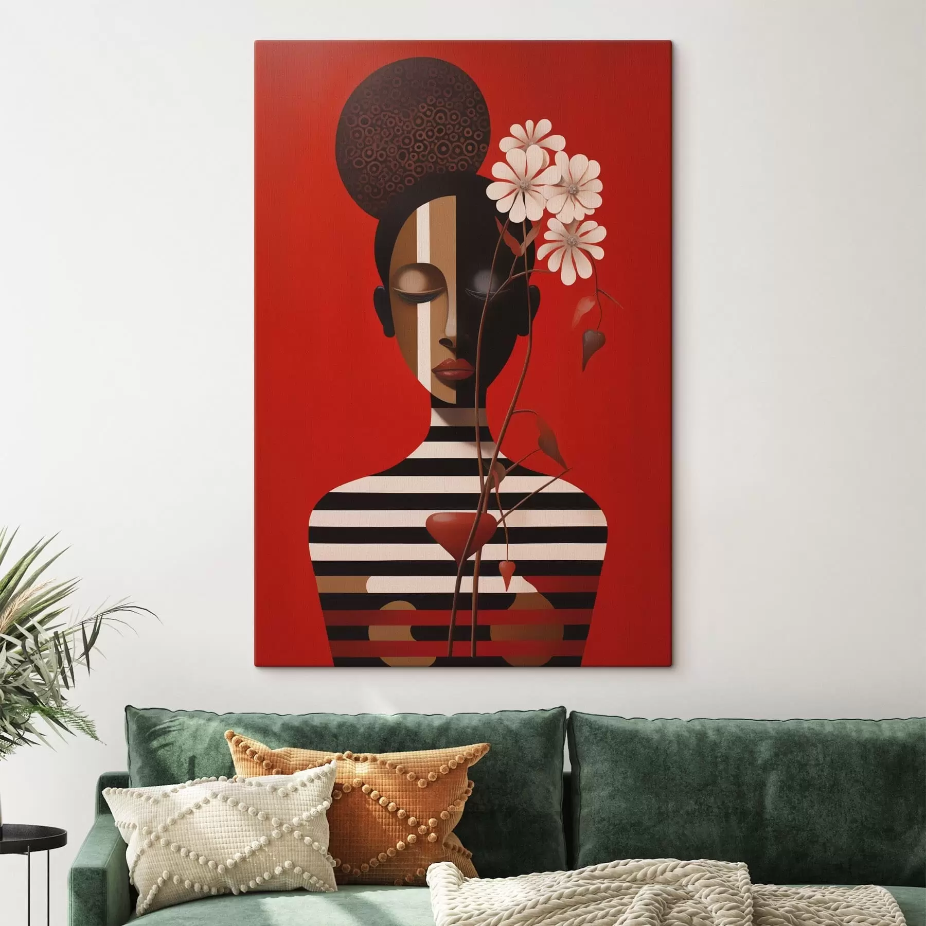 Tableau Portrait géométrique avec des fleurs sur fond rouge s49191