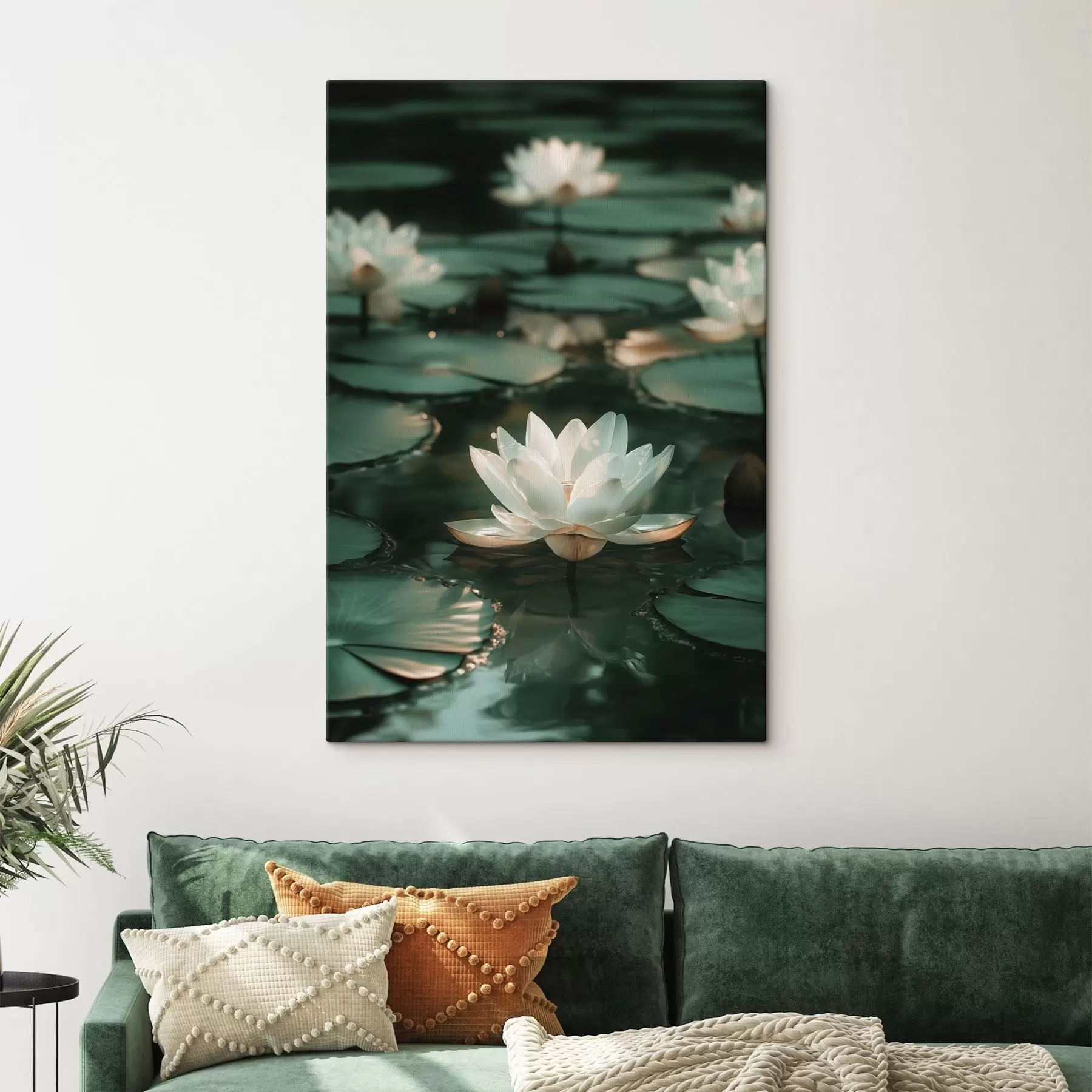 Tableau Des fleurs de lotus pâles sur une eau sombre s49197