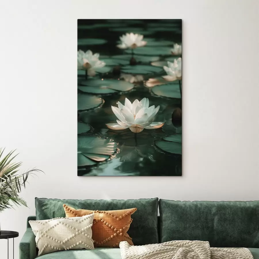 Tableau Des fleurs de lotus pâles sur une eau sombre s49197