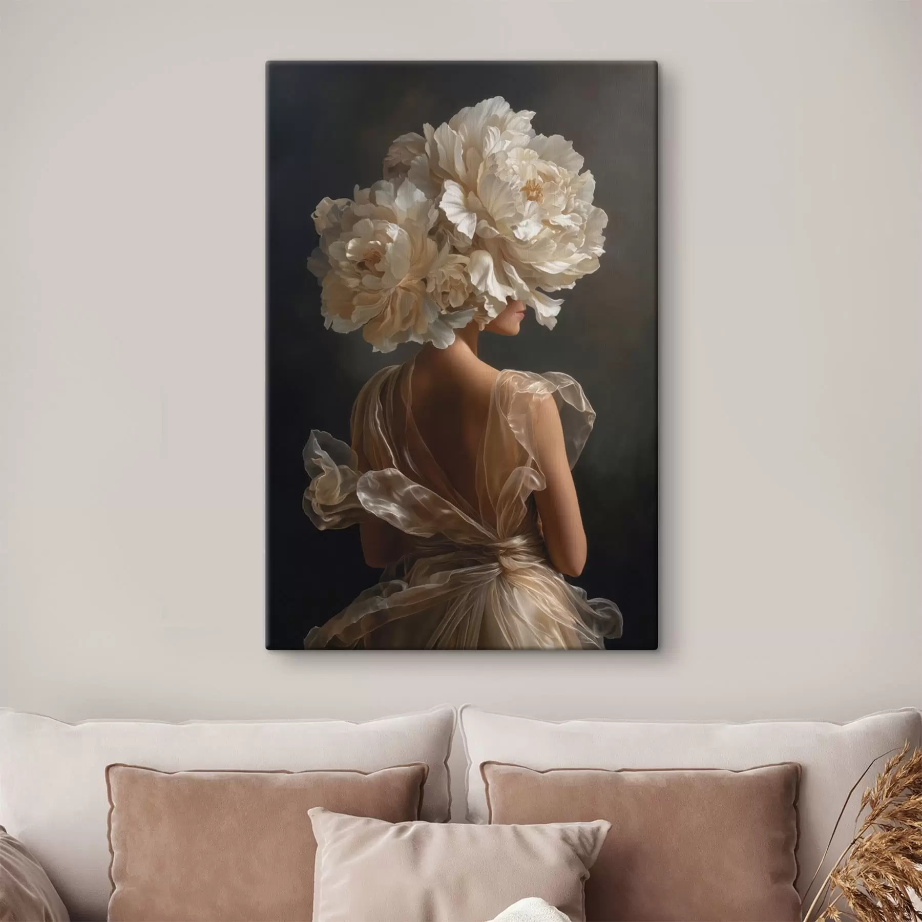Tableau Femme en robe avec une coiffe fleurie s49202