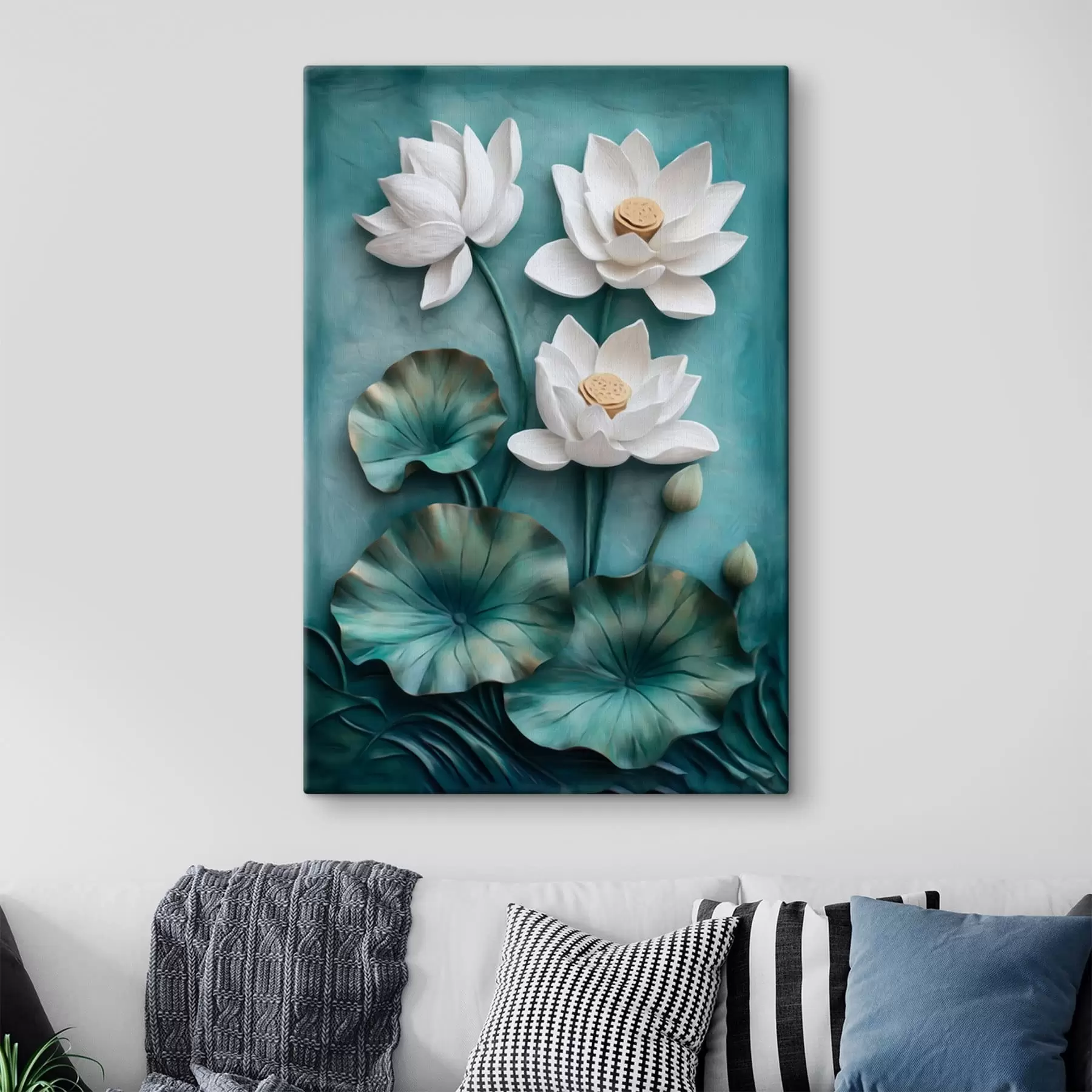 Tableau Des lotus blancs et des feuilles sur fond turquoise s49204