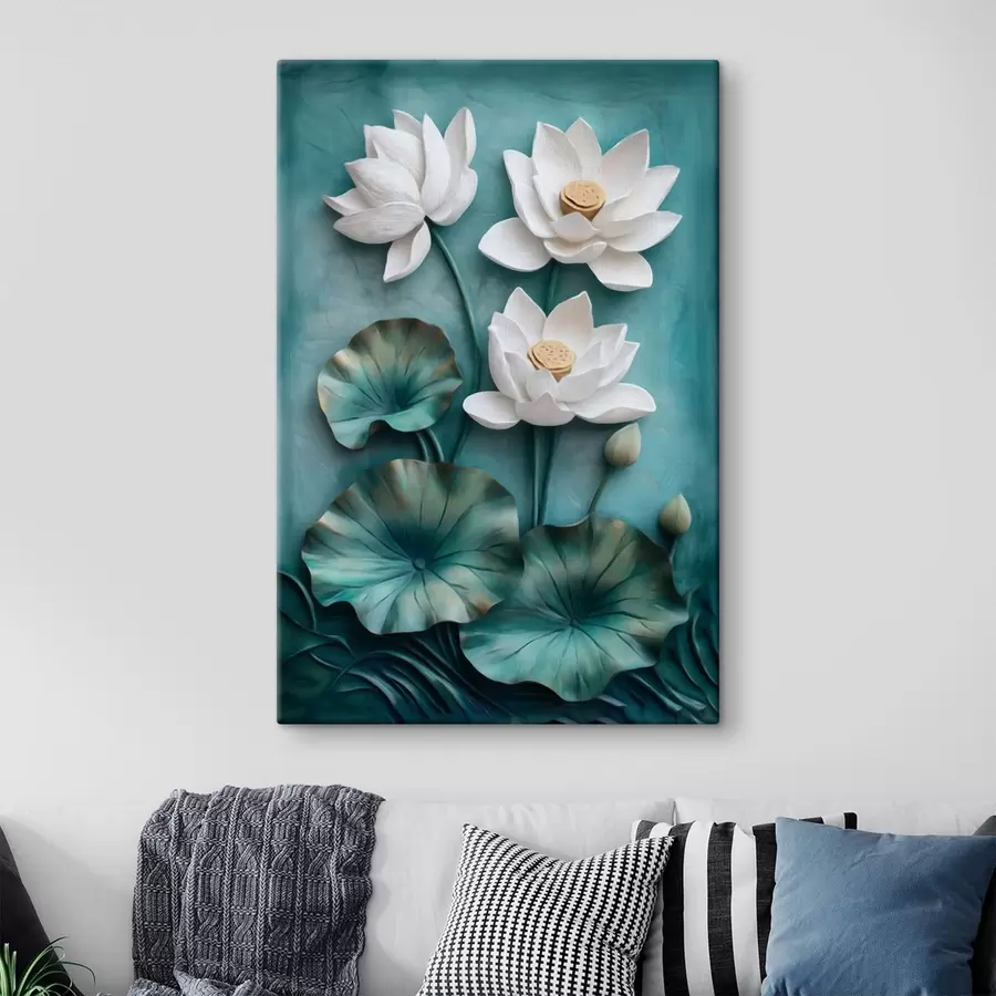 Tableau Des lotus blancs et des feuilles sur fond turquoise s49204