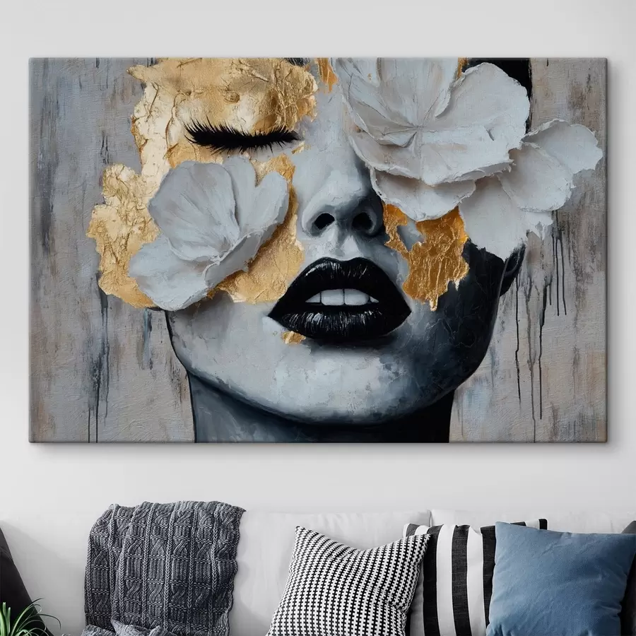 Tableau Portrait féminin contrasté avec des fleurs s49206