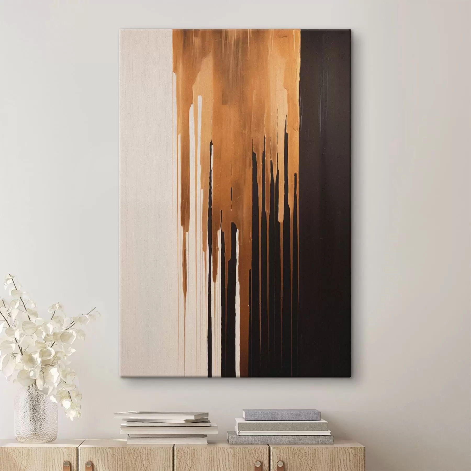 Tableau Des coulures verticales dans des tons chauds et sombres s49222