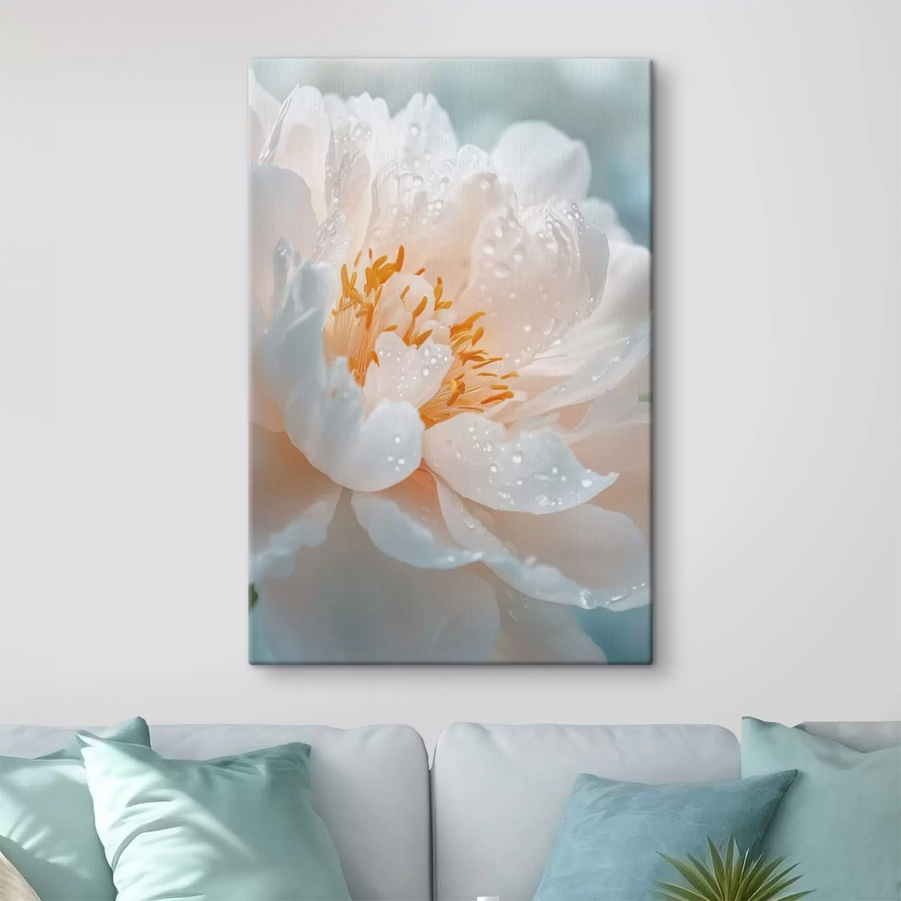 Tableau Macro d'une fleur avec des gouttes de rosée et une douce lueur s49223