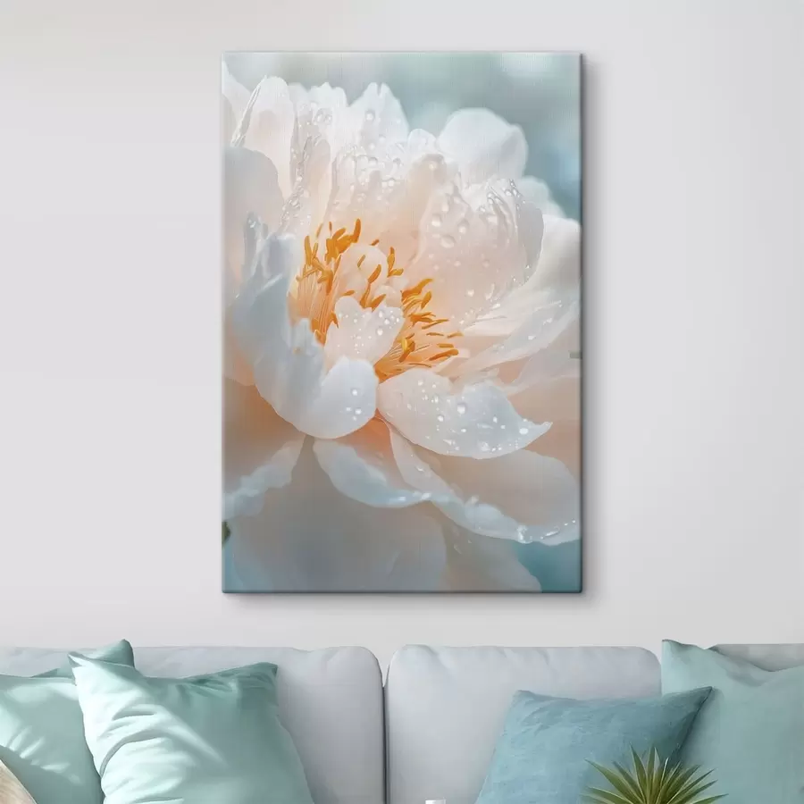 Tableau Macro d'une fleur avec des gouttes de rosée et une douce lueur s49223