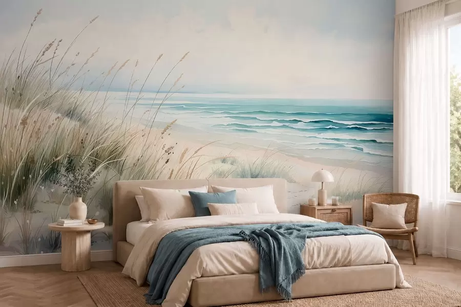 Papier peint Une plage de sable avec des vagues et des dunes w05537