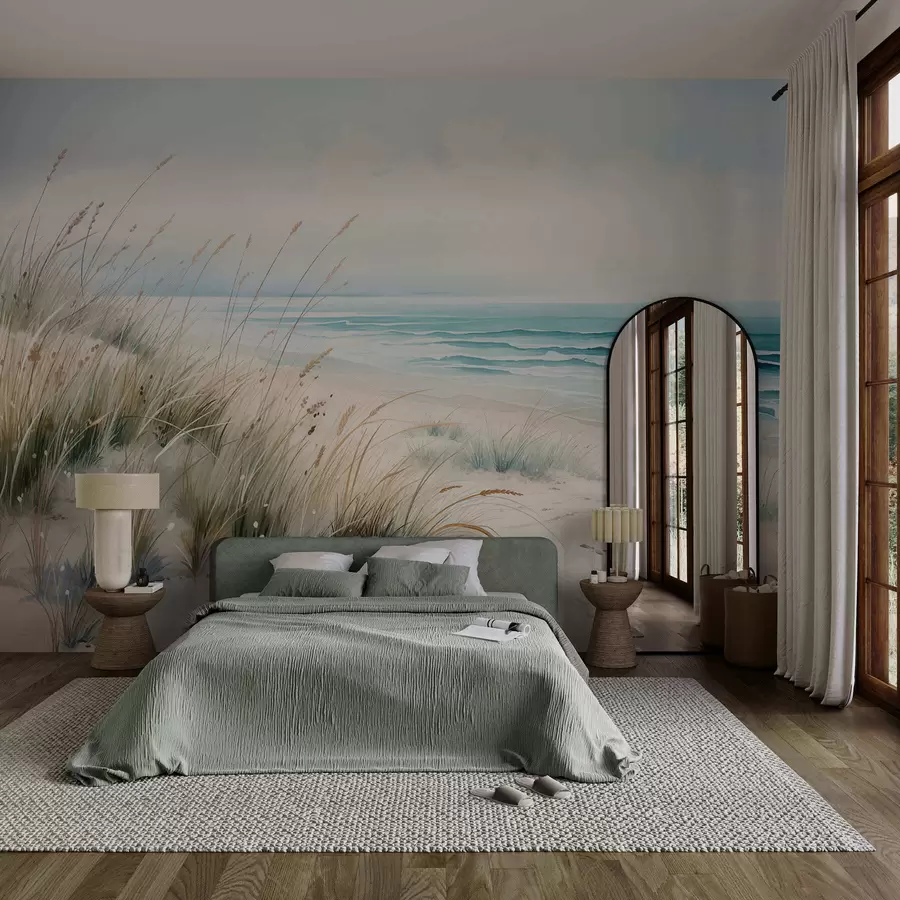 Papier peint Une plage de sable avec des vagues et des dunes w05537