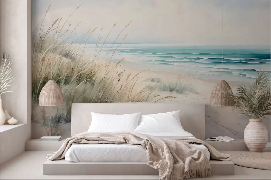 Papier peint Une plage de sable avec des vagues et des dunes w05537