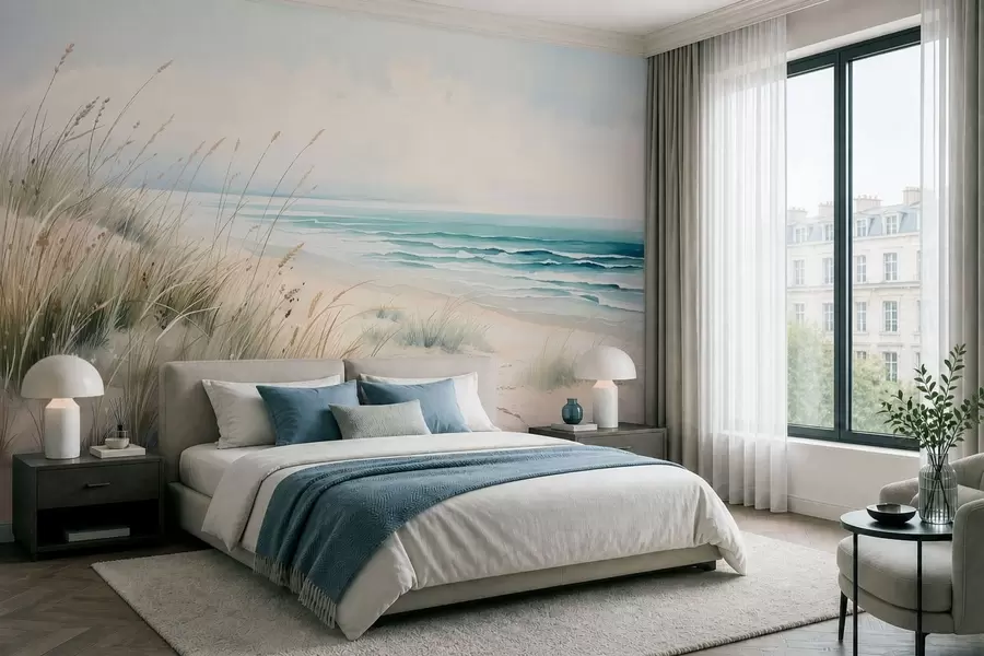 Papier peint Une plage de sable avec des vagues et des dunes w05537