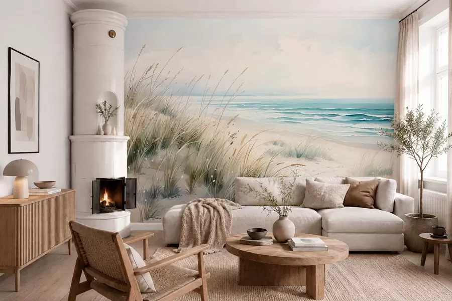 Papier peint Une plage de sable avec des vagues et des dunes w05537