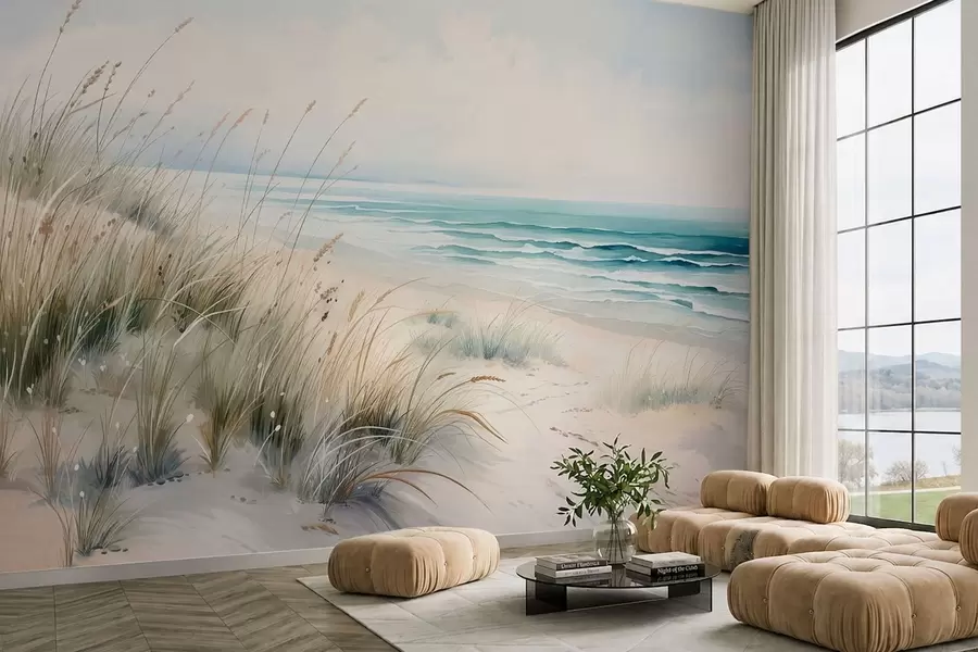 Papier peint Une plage de sable avec des vagues et des dunes w05537