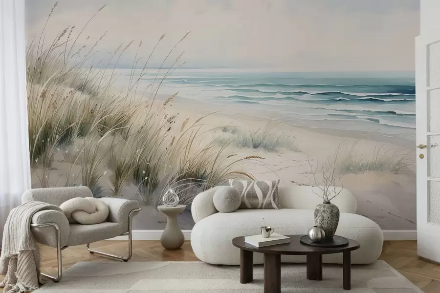 Papier peint Une plage de sable avec des vagues et des dunes w05537