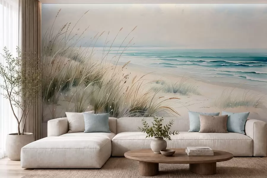 Papier peint Une plage de sable avec des vagues et des dunes w05537