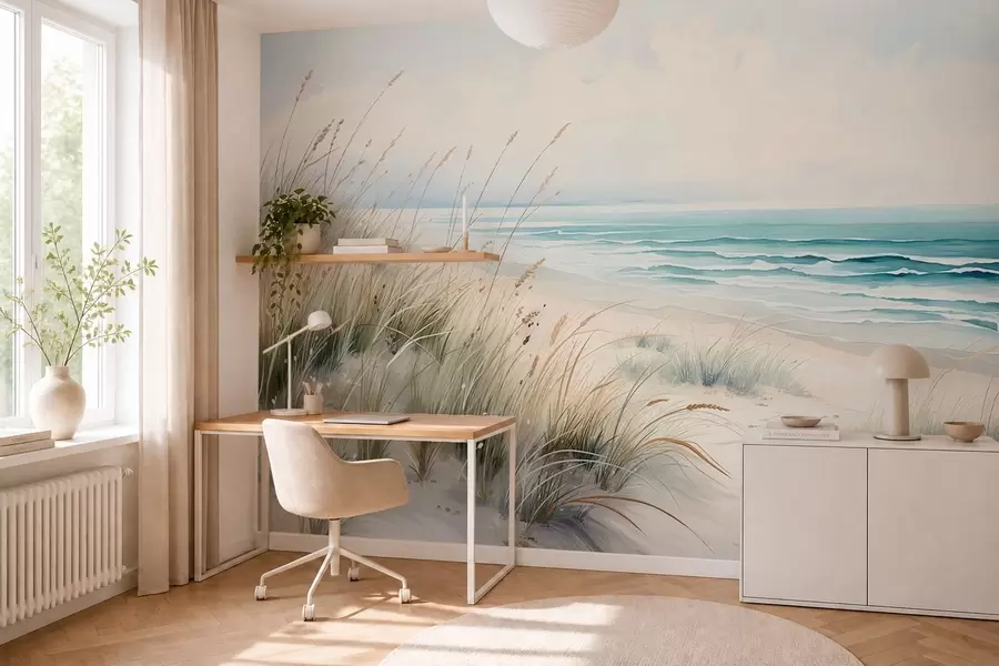 Papier peint Une plage de sable avec des vagues et des dunes w05537