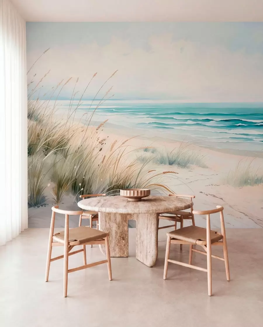 Papier peint Une plage de sable avec des vagues et des dunes w05537