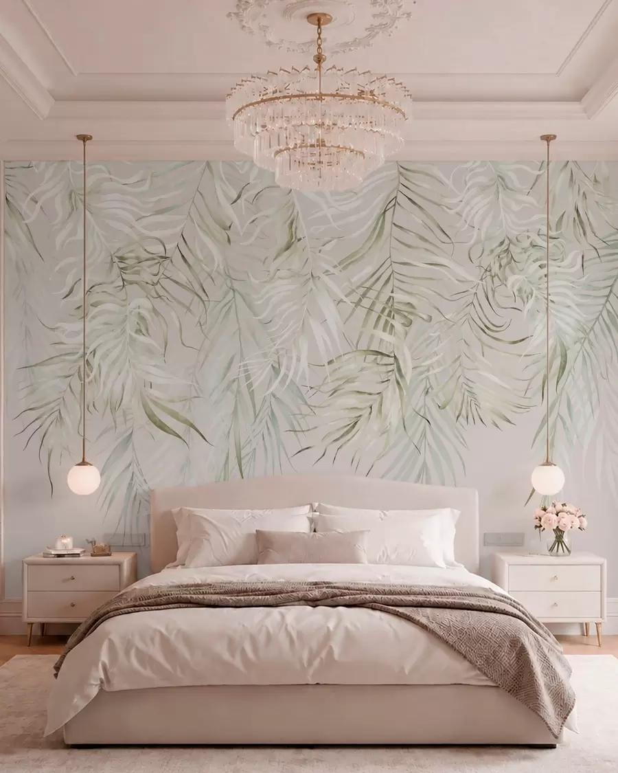 Papier peint Feuilles tropicales aux couleurs pastel sur fond clair w05627