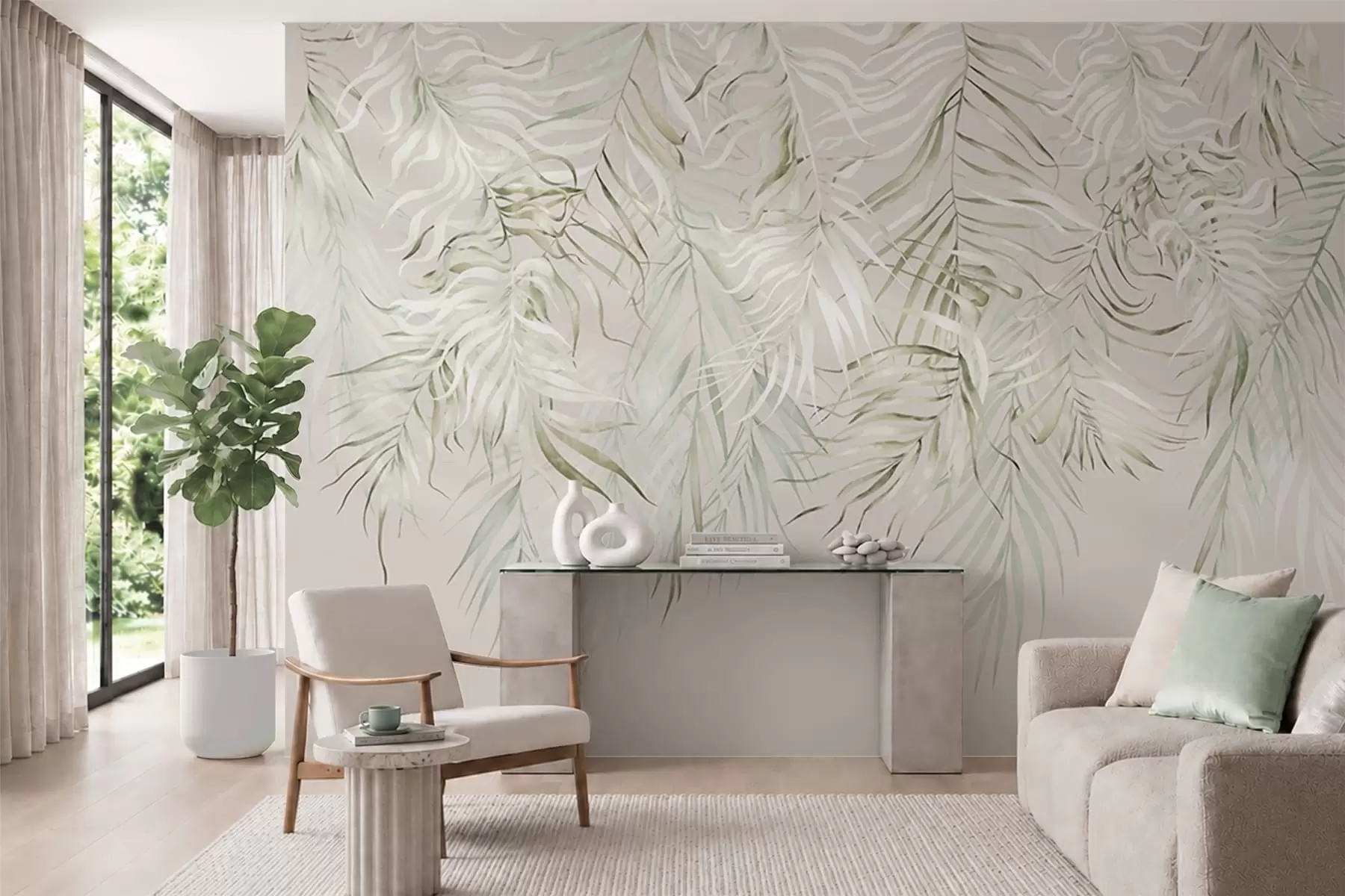Papier peint Feuilles tropicales aux couleurs pastel sur fond clair w05627