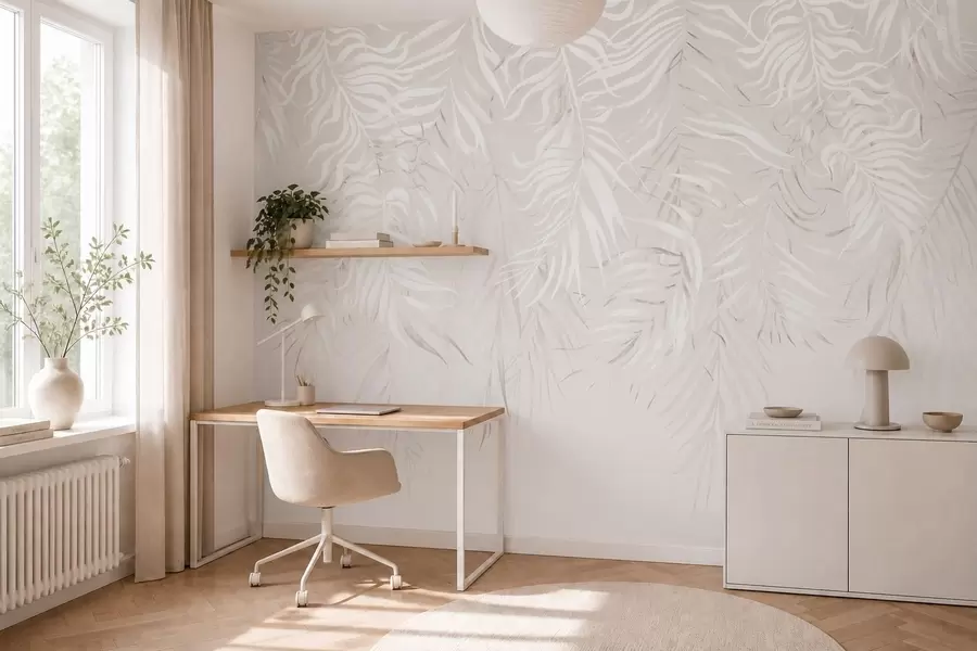 Papier peint Feuilles tropicales blanches sur fond clair w05627v1