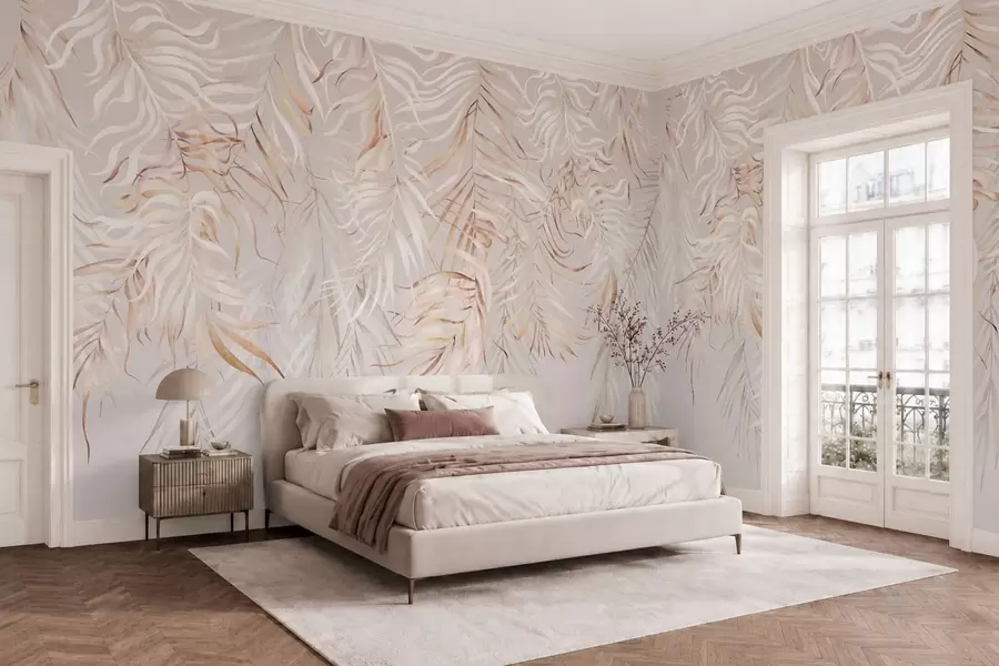 Papier peint Feuilles tropicales claires sur fond beige w05627v2