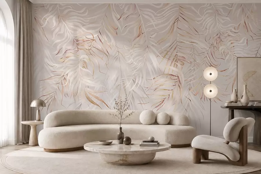 Papier peint Feuilles tropicales claires sur fond beige w05627v2