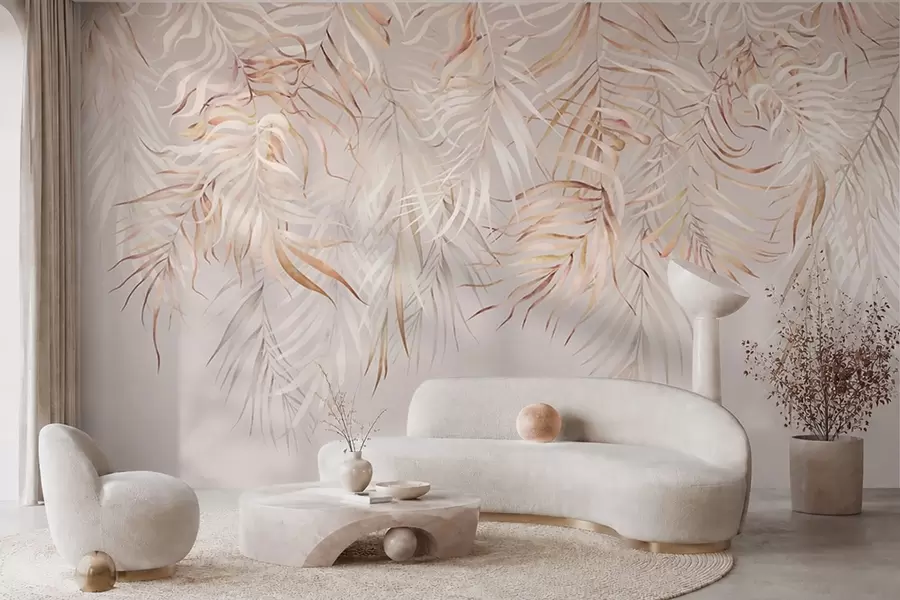 Papier peint Feuilles tropicales claires sur fond beige w05627v2