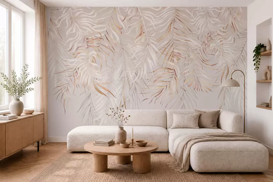 Papier peint Feuilles tropicales claires sur fond beige w05627v2