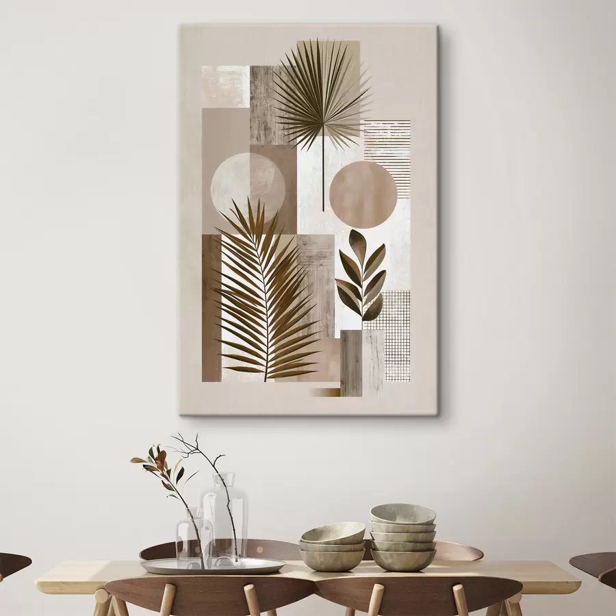 Tableau Une composition abstraite composée de feuilles et de formes géométriques s49121