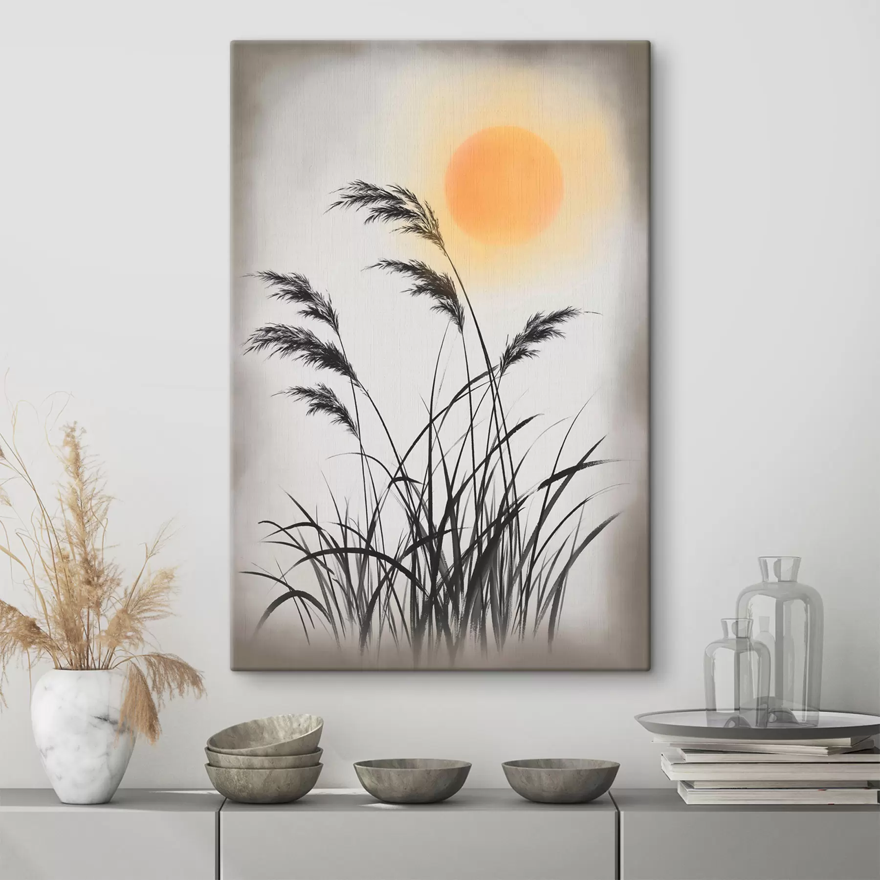 Tableau Des roseaux stylisés sur fond de soleil s49130
