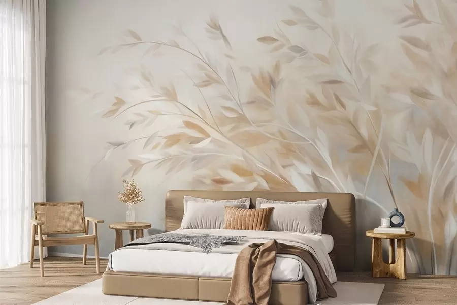 Papier peint Des tiges d'herbe texturées avec des feuilles, se balançant doucement sur un fond doux et discret w09752