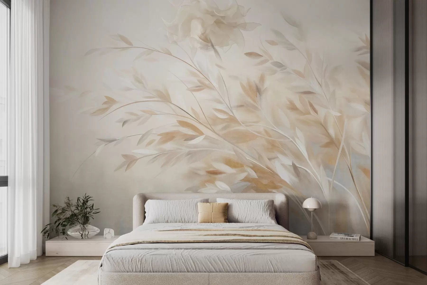 Papier peint Des tiges d'herbe texturées avec des feuilles, se balançant doucement sur un fond doux et discret w09752