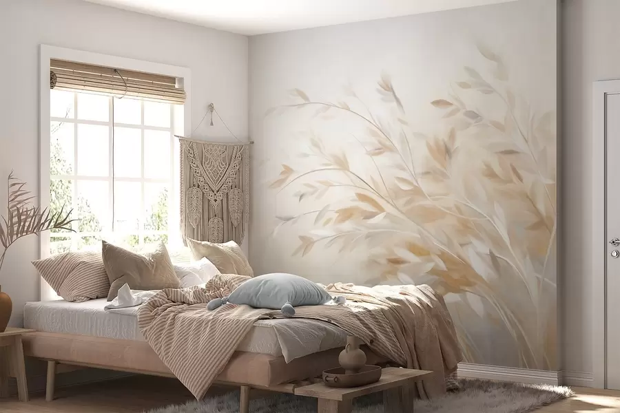 Papier peint Des tiges d'herbe texturées avec des feuilles, se balançant doucement sur un fond doux et discret w09752