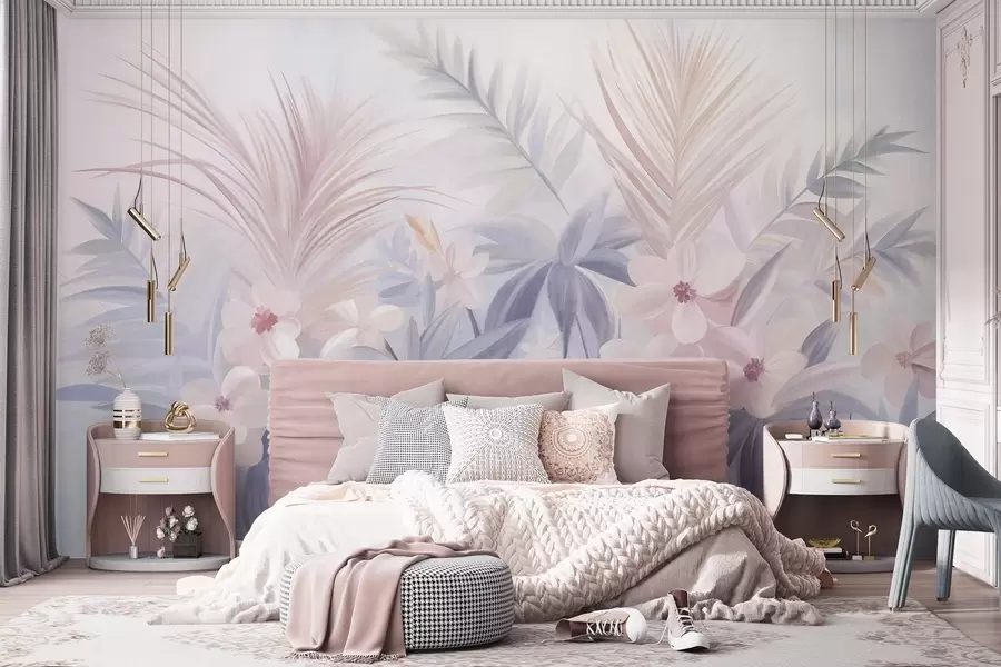 Papier peint Fleurs tropicales et feuilles de palmier dans des tons doux de bleu et de rose, style peinture w09832