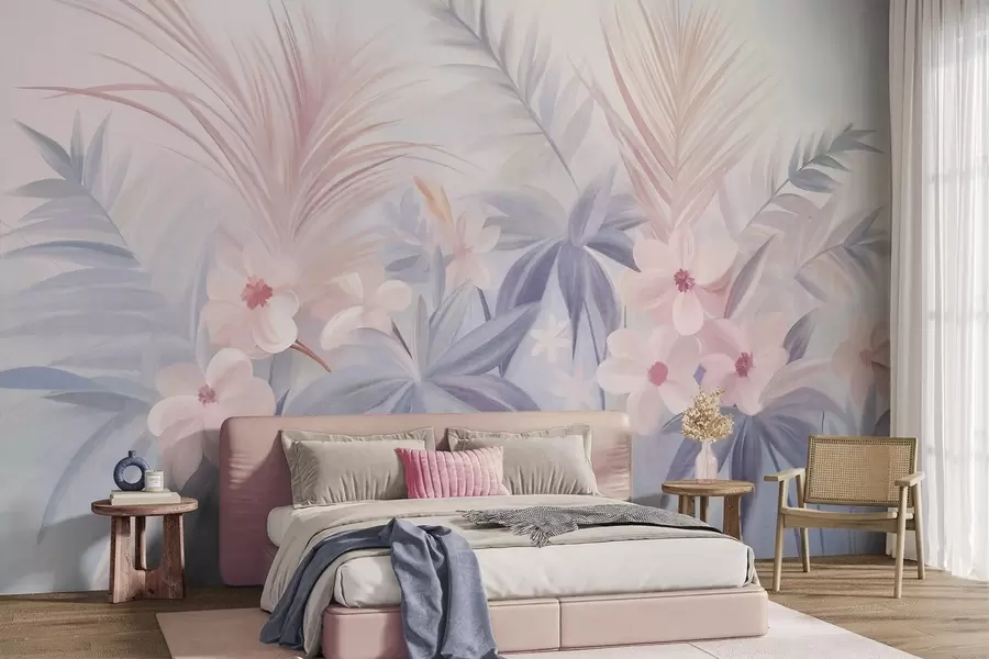 Papier peint Fleurs tropicales et feuilles de palmier dans des tons doux de bleu et de rose, style peinture w09832