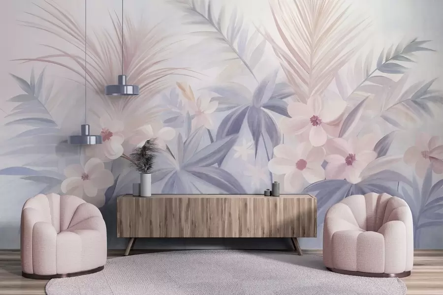 Papier peint Fleurs tropicales et feuilles de palmier dans des tons doux de bleu et de rose, style peinture w09832