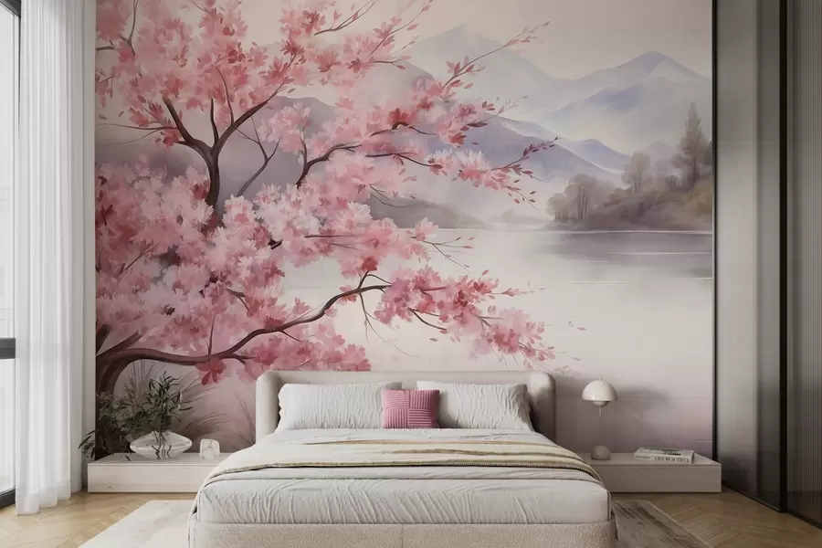 Papier peint Une peinture de paysage représentant un arbre en fleurs roses, un lac et des montagnes brumeuses en arrière-plan w09870