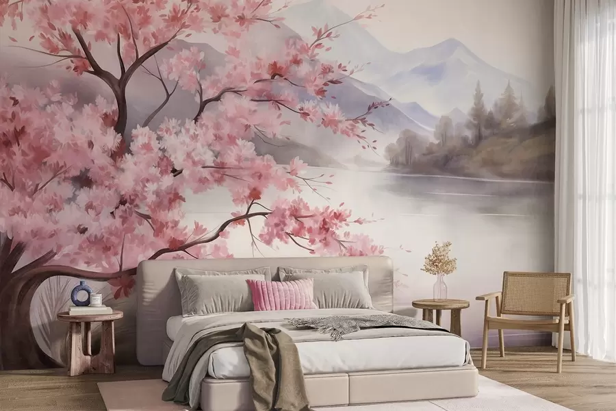 Papier peint Une peinture de paysage représentant un arbre en fleurs roses, un lac et des montagnes brumeuses en arrière-plan w09870