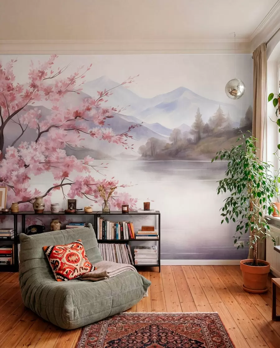 Papier peint Une peinture de paysage représentant un arbre en fleurs roses, un lac et des montagnes brumeuses en arrière-plan w09870
