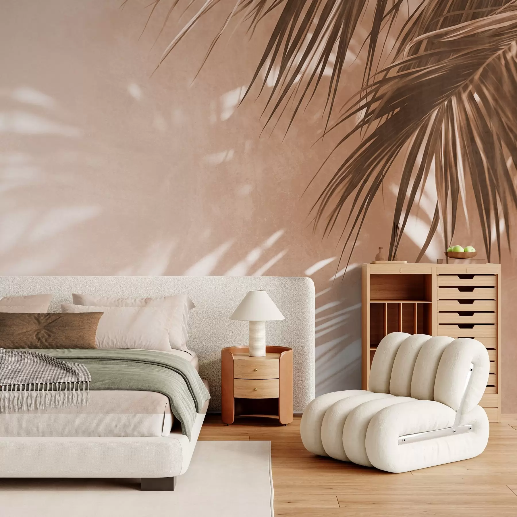 Papier peint Feuilles de palmier texturées avec des ombres, ambiance tropicale, minimalisme w09890