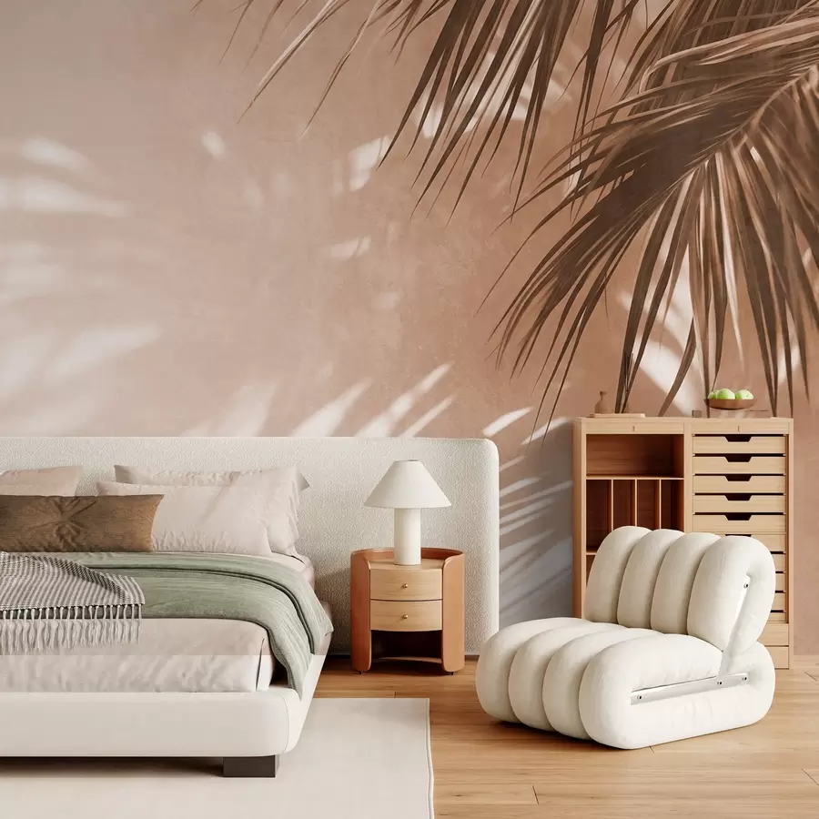 Papier peint Feuilles de palmier texturées avec des ombres, ambiance tropicale, minimalisme w09890