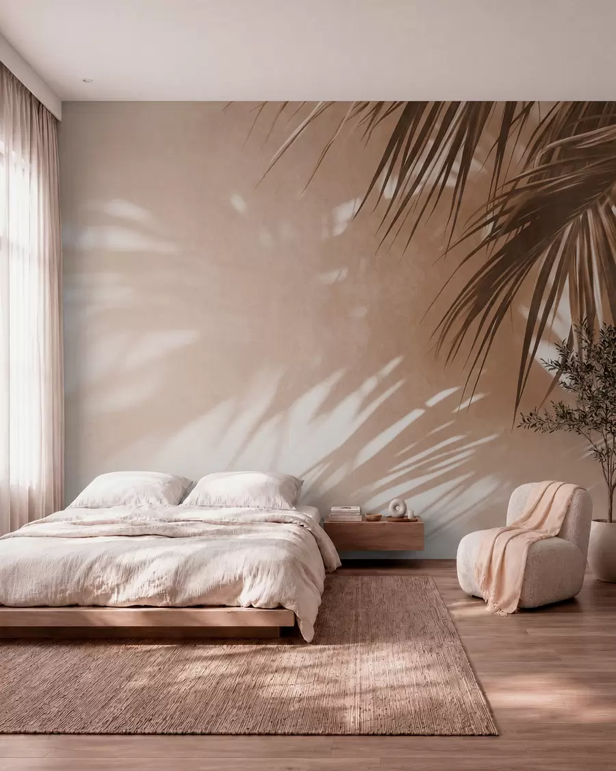 Papier peint Feuilles de palmier texturées avec des ombres, ambiance tropicale, minimalisme w09890